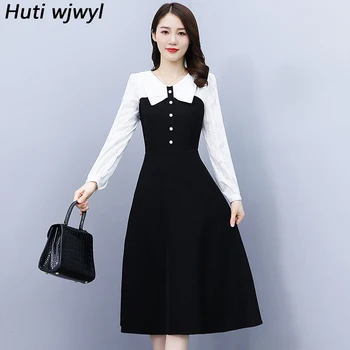 2023 Елегантна дебнещ ежедневното рокля midi Есен-зима, на корейското винтажное мозайка премяна, женски офис рокля с дълъг ръкав