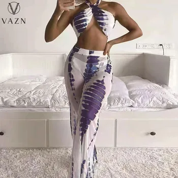 VAZN 2022 Нов луксозен дизайнерски млад секси шифоновый плажен комплект от 2 теми, най-бикини + дълги широки панталони, тънък женски комплект от 3 теми