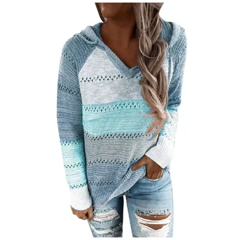 Плюс Размер 5XL, женски вязаный пуловер, есенна мода, шарени лоскутные дамски пуловери, пуловер с качулка, свободни блузи, потници
