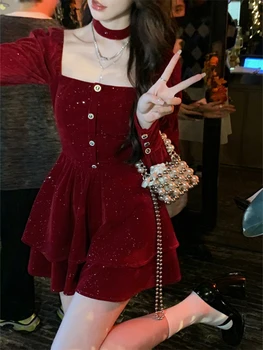 Коледно червено елегантна бархатное рокля, дамско дизайнерско винтажное мини рокля, жената на корейското модно премяна Y2k, Зима 2023