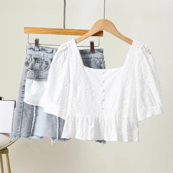 Бяла дамска риза в дворцов стил, Новост 2021, Лятна френска блуза с тънък квадратна яка и къси ръкави, дизайнерски ниша