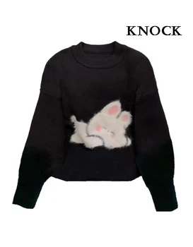 Knock 2023, пролетно-есенна дамски hoody с качулка, свободна трикотажная памучен модни hoody с упорит цвете и анимационни заек