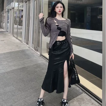 2023, дамски дизайнерски пола със средна дължина, с отрязани в ретро стил, малка пола, корейски модни поли от изкуствена кожа, Дрехи за жени