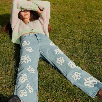 y2k дамски дънки страхотна гръндж с цветя модел, прави панталони с висока талия, эстетичные дънкови панталони 2000-те, модни градинска облекло