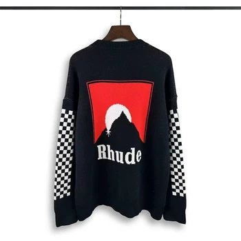Нов жаккардовый пуловер с логото на Rhude Rh, Полумесец, Кашу, жаккардовый пуловер за мъже и Жени, 1:1, високо качество черни ежедневни свитшоты 2023fw