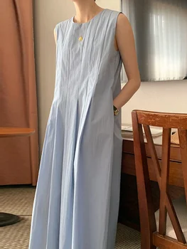 Жена минималистичное рокля-жилетка с плисирана талия, корейски Свободни Рокли с цип, без ръкави, Лятна новост 2023, женски Vestido H107