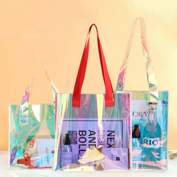 500 бр./лот, водоустойчив прозрачни дамски чанти, за пазаруване от PVC, плажни прозрачна чанта за желе от ярки цветове с потребителски печат на лого