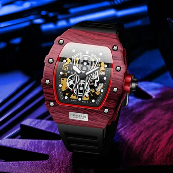 KIMSDUN Автентични мъжки червени, черни спортни модни мъжки автоматично механичен часовник Skeleton Tonneau, новост, мъжки часовник Zegarek Męski