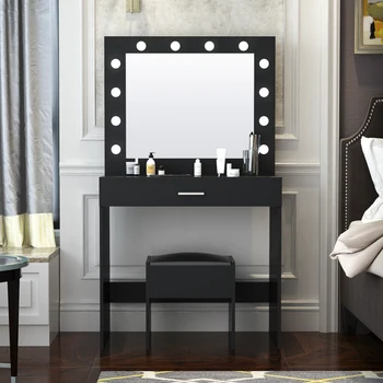 Модерен дизайн на тоалетка за грим в спалнята с 12 led крушки и табуреткой, подходящ за спални и гардеробных, черен
