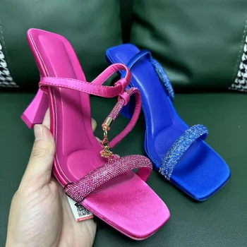 Летни дамски обувки на висок ток, чубрица бижута с кристал в ключалката, луксозни дамски сандали с отворени пръсти, вечерни Zapatos Mujer