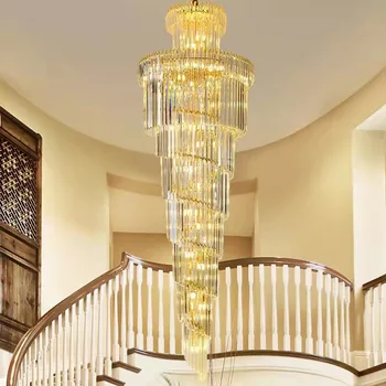 Нов Дизайн, по-голямата декоративна хол с високи тавани, наставка с окачена лампа, вита стълба, модерна луксозна кристален полилей
