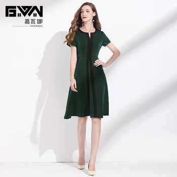 Дамска лятна пола 2023, ново тъмно зелена рокля с къси ръкави, лятна колекция, трапецовидна пола форми за отслабване, стил средна дължина