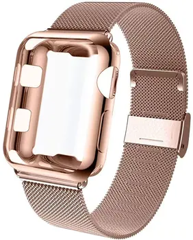 Каишка, съвместима с Apple Watch 38 мм, 40 мм 42 мм 44 мм, с калъф, мрежест каишка от неръждаема стомана със защитно фолио за екрана iWatch