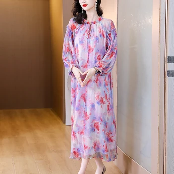2023 Нова марка Mulberry silk лятото луксозно рокля от тежка коприна висок клас с принтом женски